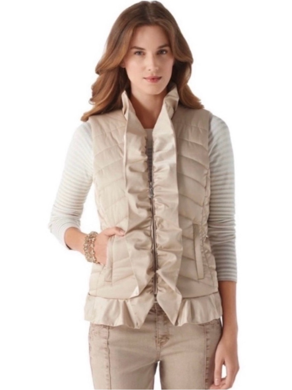 White House Black Market Ruffle-Front Quilted Vest - Cream
